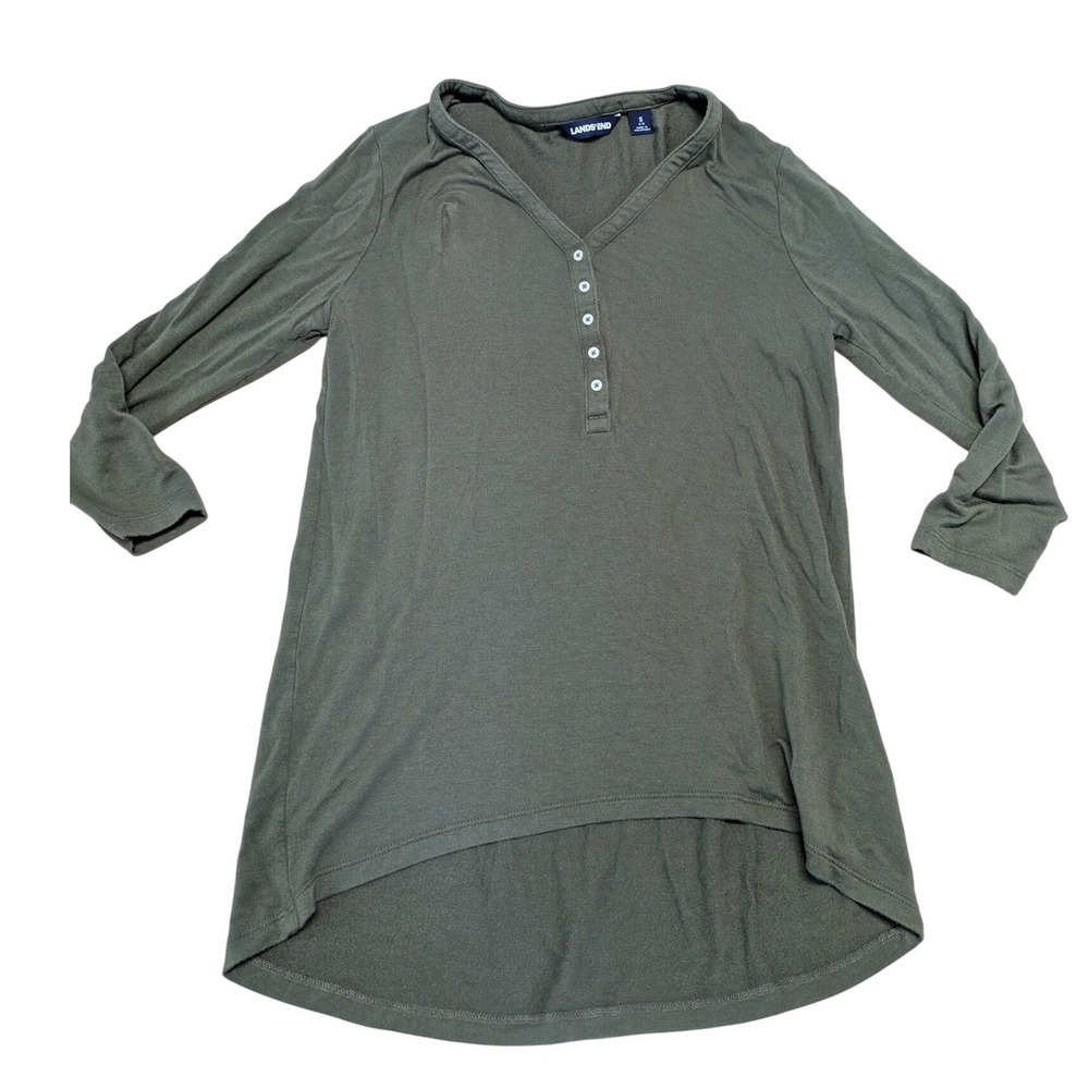 Lands' End Womens Olive Green Henley Tunic 3/4 Sleeve High-Low Top Small S